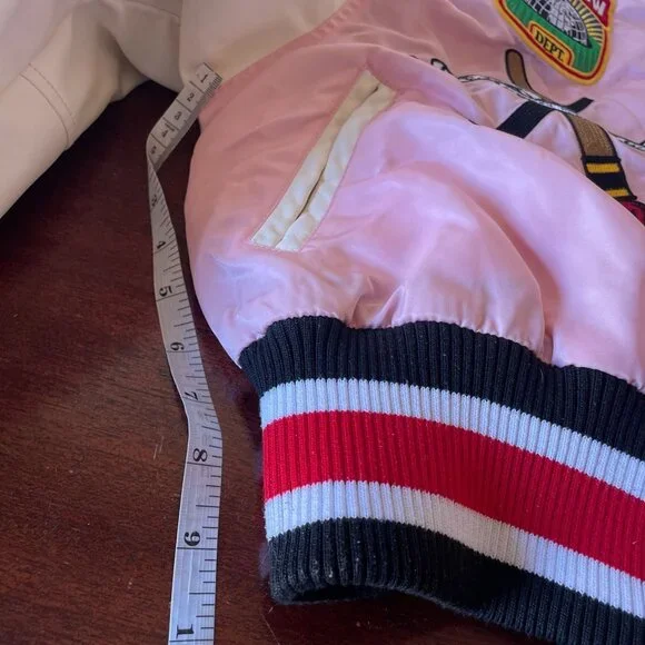 First Row Pen & Brush Cropped Varsity Jacket Pink White Patches Sz S - Picture 11 of 12